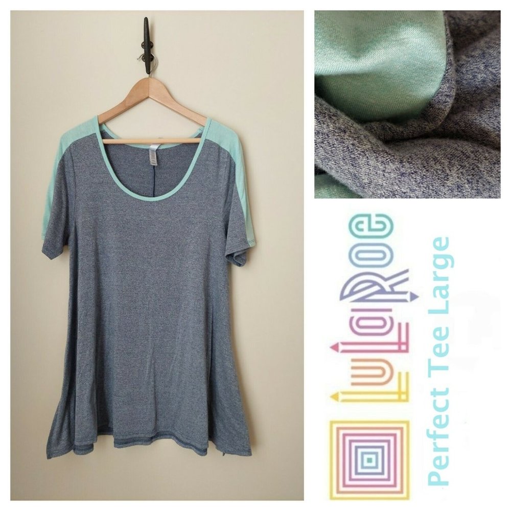LuLaRoe Perfect Tee Solid Steel Blue with Mint Green Sleeve Accents
